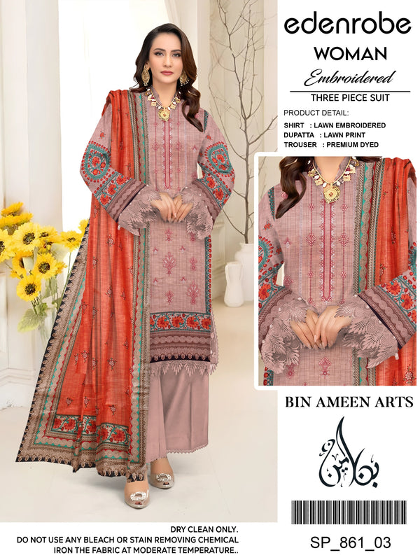 3 Piece Peach Suit | Stuff Lawn By Edenrobe - Zaroshi