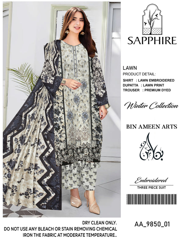 3 Piece Grey Suit | Stuff Lawn By SAPPHIRE - Zaroshi