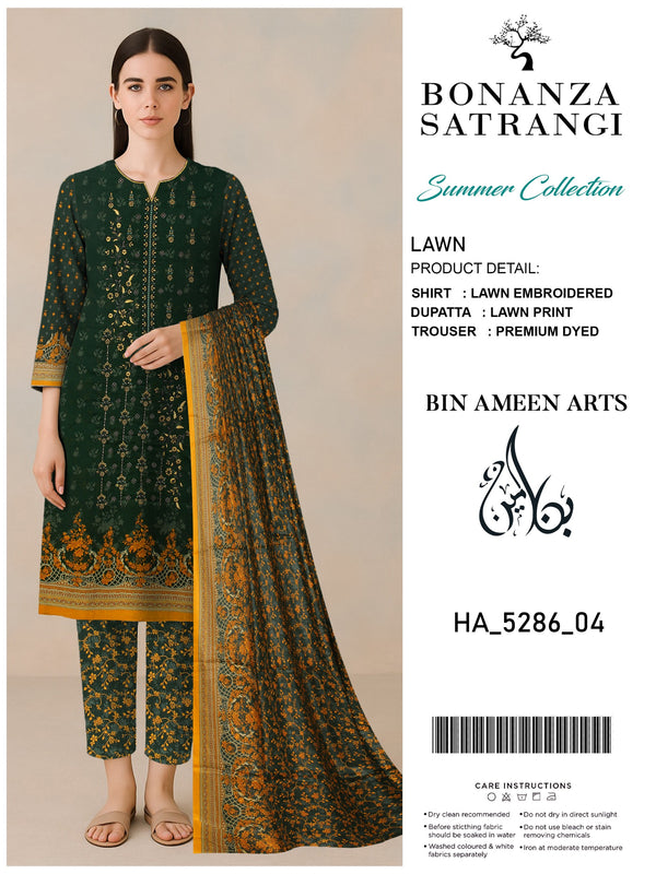 3 Piece Dark Green Suit | Lawn Stuff By Bonanza Satrangi - Zaroshi
