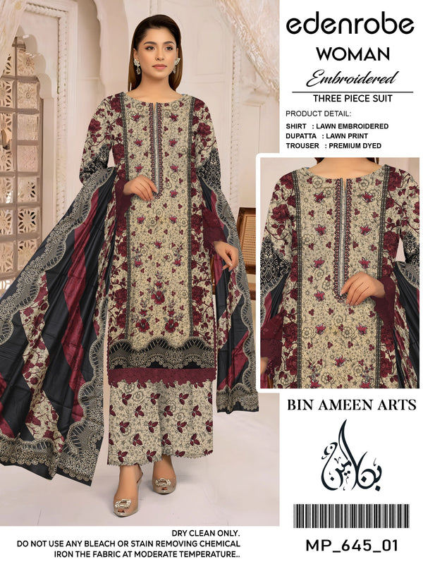 3 Piece Beige Suit | Lawn Stuff By Edenrobe - Zaroshi