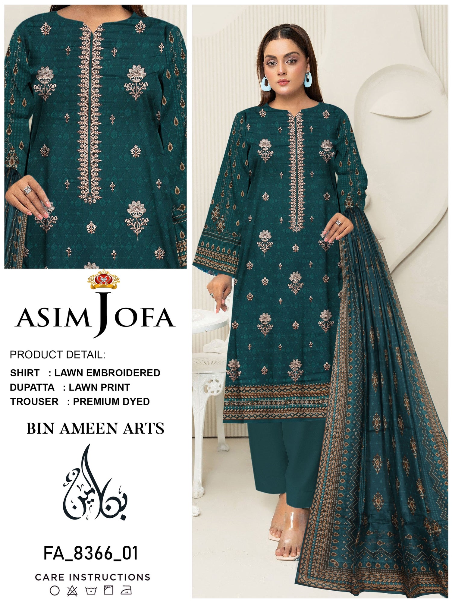 3 Piece Green Suit | Lawn Stuff By Asim Jofa - Zaroshi