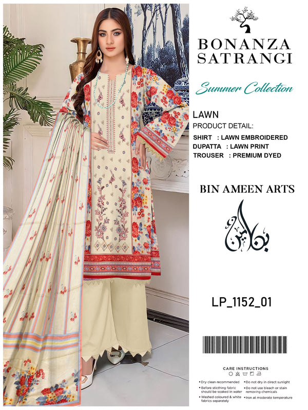 3 Piece Cream Suit | Lawn Stuff By Bonanza Satrangi - Zaroshi