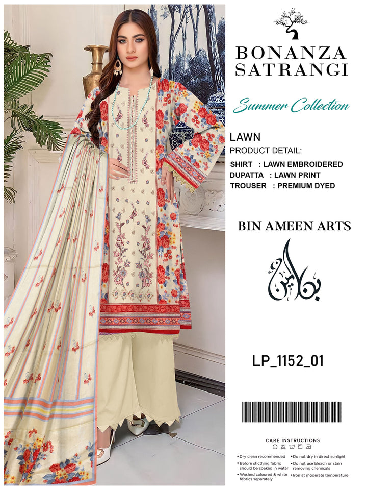 3 Piece Cream Suit | Lawn Stuff By Bonanza Satrangi - Zaroshi