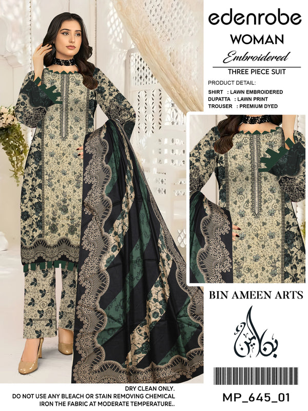 3 Piece Green Suit | Lawn Stuff By Edenrobe - Zaroshi