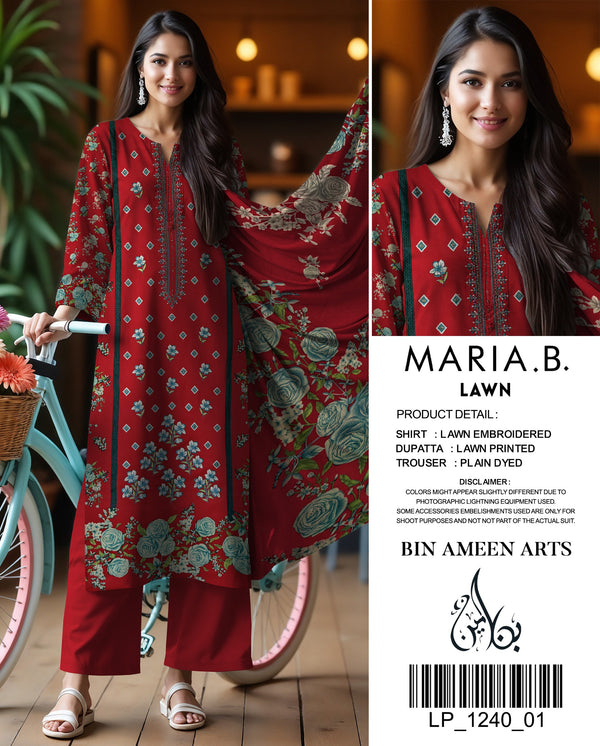3 Piece Maroon Suit | Lawn Stuff By Maria.B - Zaroshi