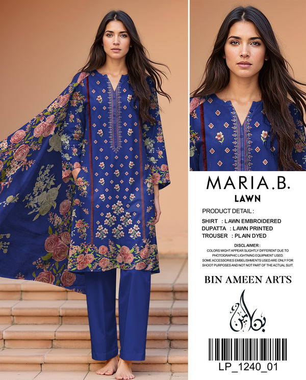 3 Piece Deep Blue Suit | Lawn Stuff By Maria.B - Zaroshi
